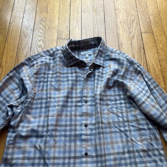 Peter Millar Mens L Gray Blue Plaid 100% Cotton Long Sleeve Button-Down Shirt - Picture 4 of 13